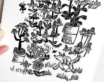 Little Dog Trotting Around the Garden - lino cut print