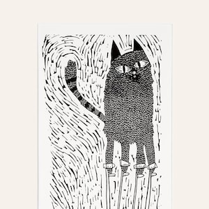Big Cat on Stilts - Lino Cut print, handmade, home interiors, monochrome, cats, kitty, original art. printmaking, black and white,