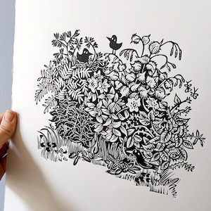 In the Hedge - lino cut print