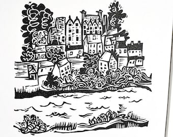 Teeny Tiny Hay on Wye - lino cut print