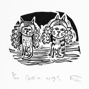 Cats in Wigs linocut print, handmade, lino, cat, kitty, pets, humour, illustration, handprinted, original print, image 1