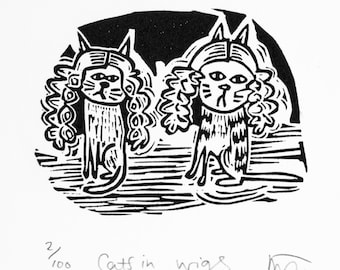 Cats in Wigs - linocut print, handmade, lino, cat, kitty, pets, humour, illustration, handprinted, original print,