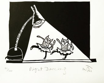 Night Dancing - lino print of cats, cat art, ballet, illustration, black and white, funny, lino cut, print, cat lover