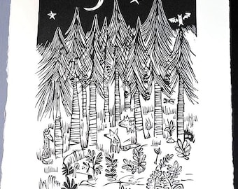 In the forest at night - lino print