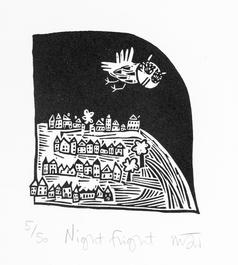 Night Flight lino cut print, owl, owls, handmade, printmaking, night, illustration, black and white, image 1