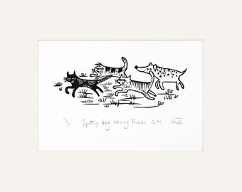 Spotty Dog racing cats - lino print, dogs, cat, pets, lino cut, printmaking, humour, animals,