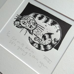 Cat on its brain... - original lino cut print cat art