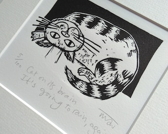 Cat on its brain... - original lino cut print cat art