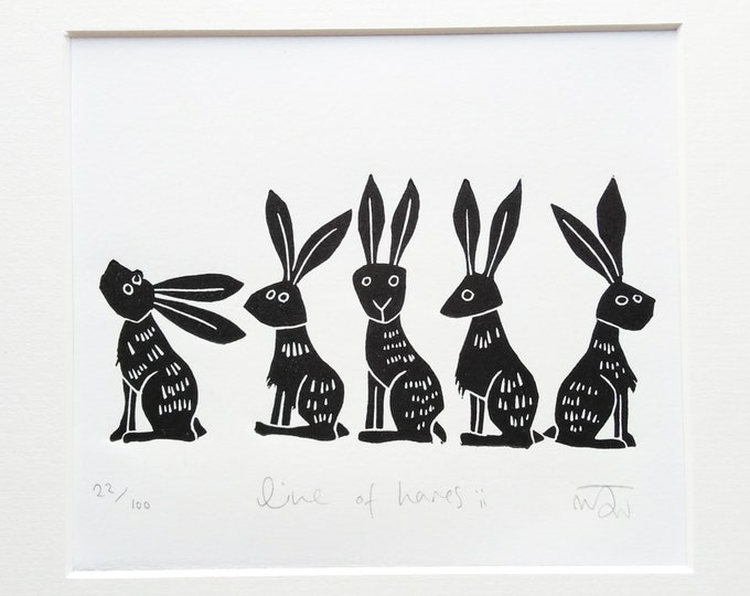 Lino Print Line of Hares Ii Lino Cut Hare Art Etsy