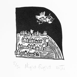 Night Flight lino cut print, owl, owls, handmade, printmaking, night, illustration, black and white, image 4