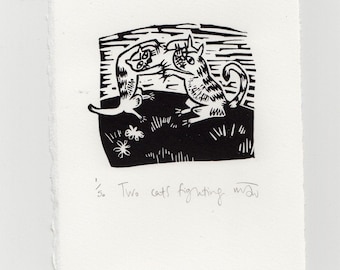 Two cats fighting - linocut print, cat, kitty, humour, pets, linoprint, printmaking, handmade, original art, gifts, black and white,