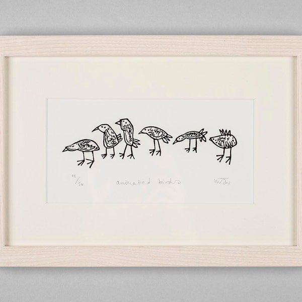 Lino Cut Print - Animated Birds, bird art, handmade, lino, linocut, flock, nature, original, art, black and white, wildlife,