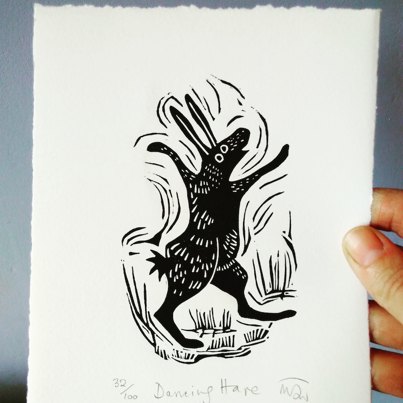 ORIGINAL LINO CUT - Dancing Hare - hare art, hare print, nature, ORIGINAL LINO CUT - Dancing Hare - hare art, hare print, nature,