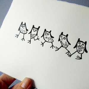 Owl Race - lino cut print
