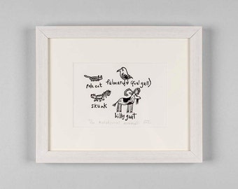 Malodorous Animals - lino print - wildlife, goat, skunk, lino cut, black and white, animals, handmade, original print,