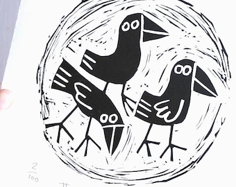 Three Crows - lino cut print, birds, original art