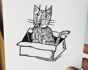 Cat in a box - lino cut print