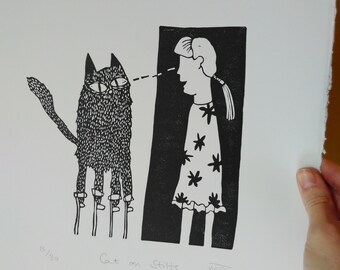 Super seconds SALE -  Cat on Stilts - lino cut print