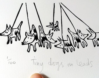 Tiny Dogs on Leads - lino cut print
