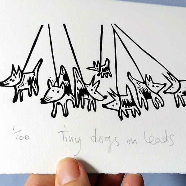 Tiny Dogs on Leads - lino cut print