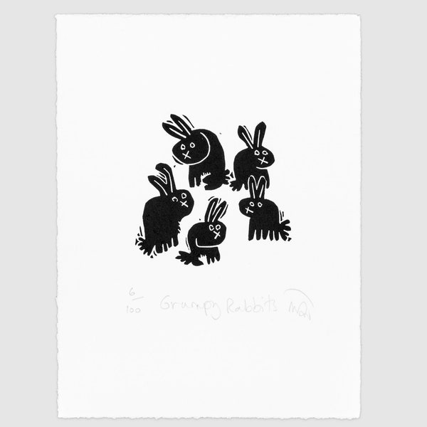 Grumpy Rabbits - lino cut print - donation to Fareshare with each sale