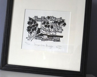 Bristol 'Suspension Bridge' -lino cut print, black and white