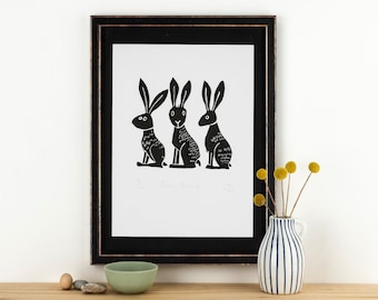 Three Hares - lino cut print