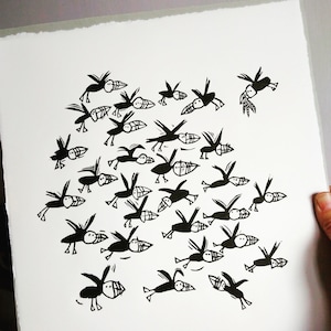 Flock of Puffins - lino cut print by Melanie Wickham