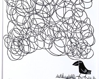 Crow Under a Cloud - lino cut print