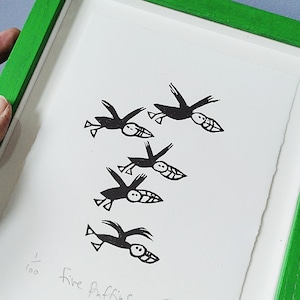 Five Puffins -unframed lino cut print