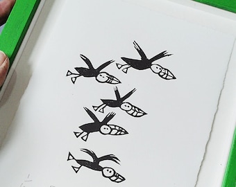 Five Puffins -unframed lino cut print