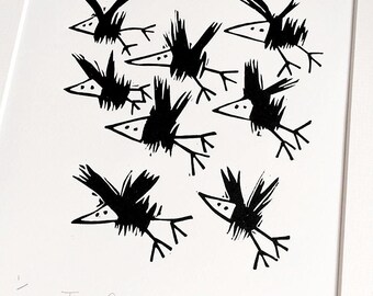 Tiny Flock of Crows, lino print, bird art