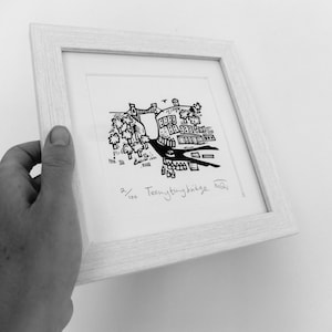 Teeny Tiny Bridge - lino cut print of Bristol, handmade, city scenes, linocut, black and white, monochrome, art, printmaking, original,