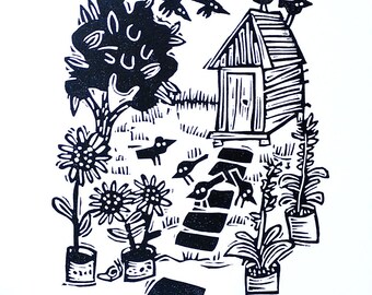 Long-tailed tits in the garden - lino cut