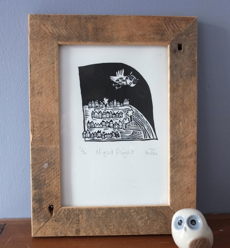 Night Flight lino cut print, owl, owls, handmade, printmaking, night, illustration, black and white, image 2