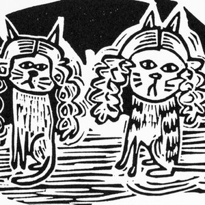 Cats in Wigs linocut print, handmade, lino, cat, kitty, pets, humour, illustration, handprinted, original print, image 2