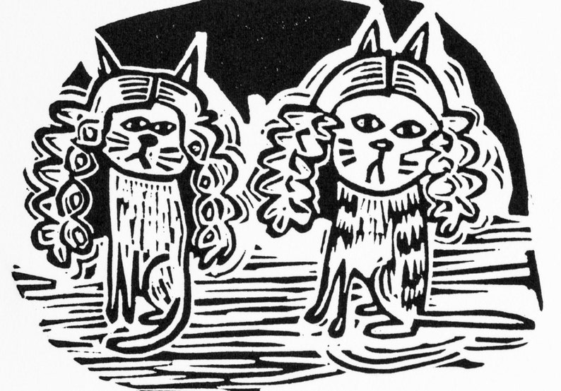 Cats in Wigs linocut print, handmade, lino, cat, kitty, pets, humour, illustration, handprinted, original print, image 2