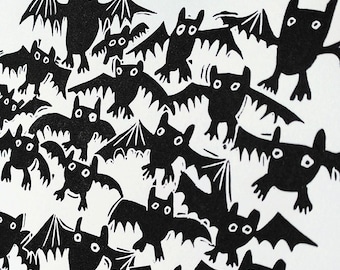 Cloud of Bats - lino cut