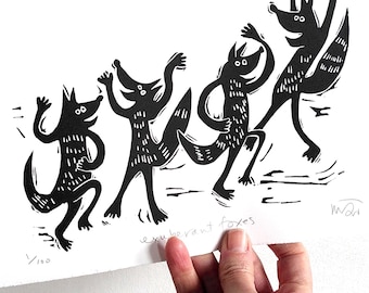 Exuberant Foxes - lino cut print, fox, dance