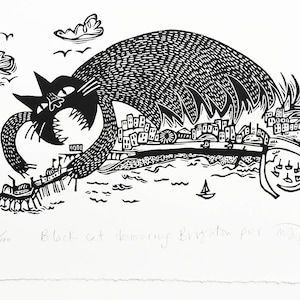 Black Cat Devouring Brighton Pier - lino cut print