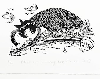 Black Cat Devouring Brighton Pier - lino cut print