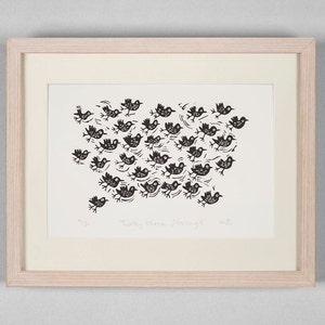 Lino Cut Print - Thirty three starlings - birds, bird art, nature