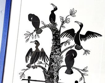 Cormorant Roost - lino cut print