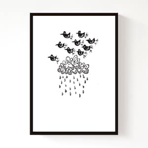 Lino Print - Storm Birds - lino cut, print, wall decor, bird art, black and white art, handmade