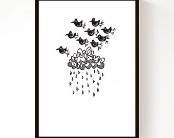 Lino Print - Storm Birds - lino cut, print, wall decor, bird art, black and white art, handmade