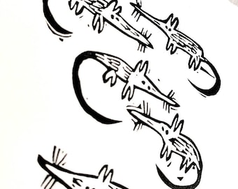 A few Shrews - lino print