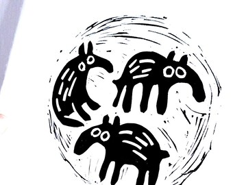 Three Tapirs - lino cut print