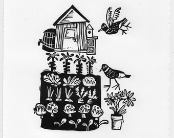 Get off my plot pigeons - lino cut print