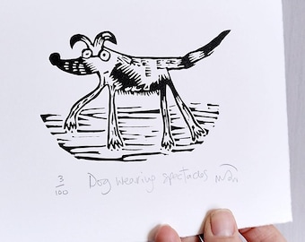 Dog in Spectacles - lino cut print