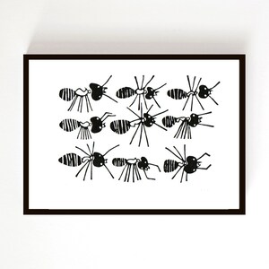 Lino Print - Ants, ant art, lino print, insects, bugs, linocut, mens gifts, gifts, black and white, printmaking, nature, handmade, original,